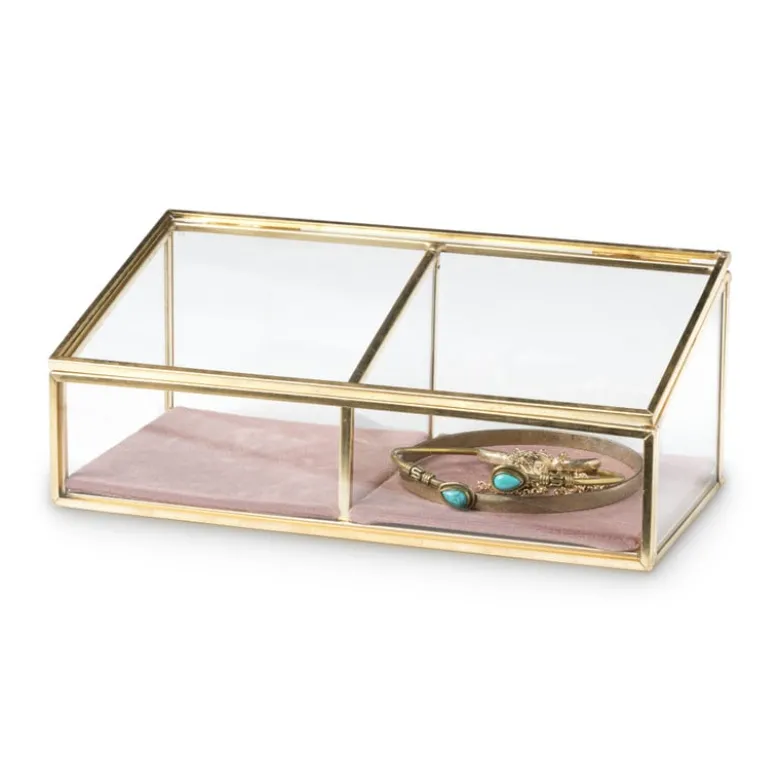 Bijouxdoos - 2- vaks - goud/roze - 18x9,5x7 cm