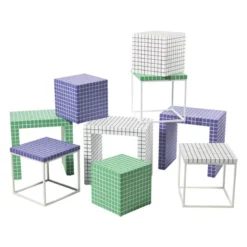 Bijzettafel checks met metalen frame - wit - 36x36x36 cm
