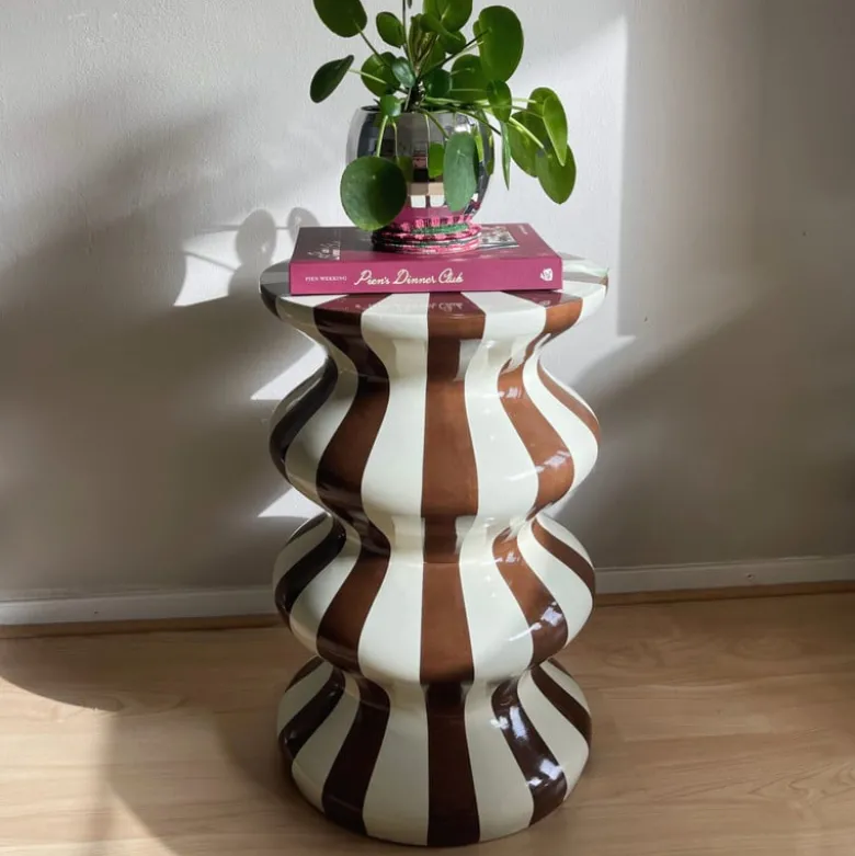 Bijzettafel waves stripes - beige/bruin - ø35x55 cm