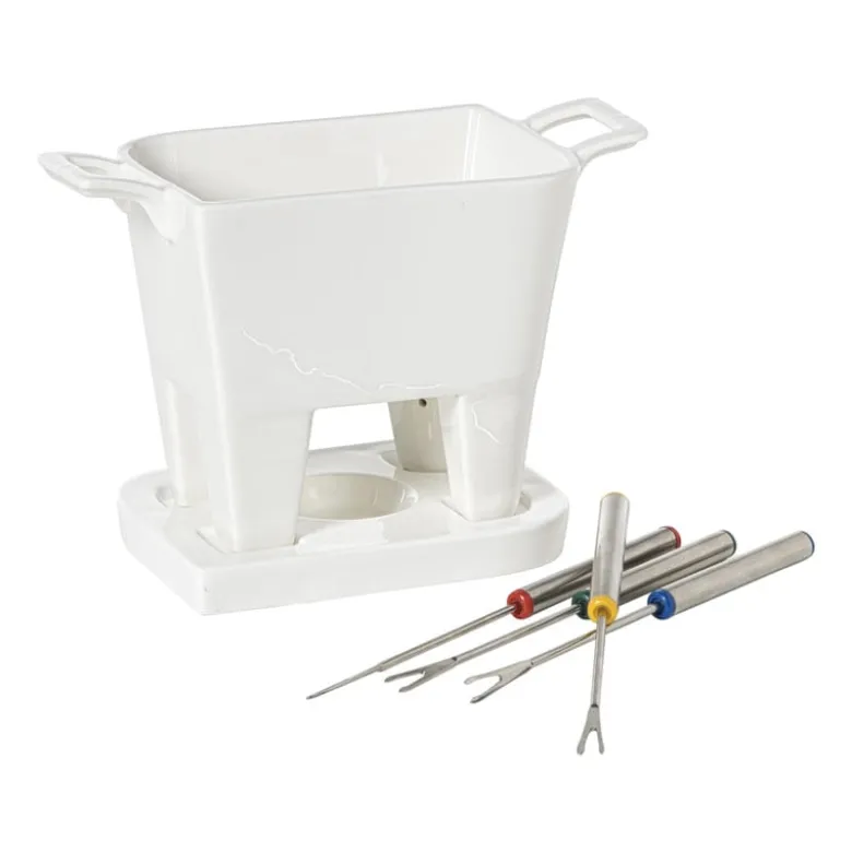 Fondue set met 4 vorken - wit - 20x12x10.5 cm