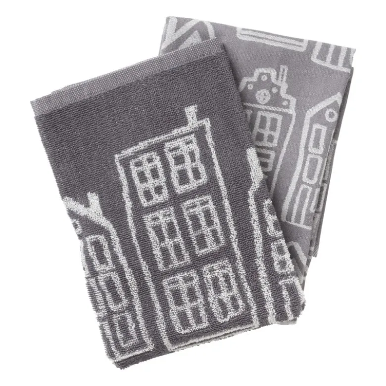 Handdoek antraciet huisjes - antraciet/wit - 50x50 cm