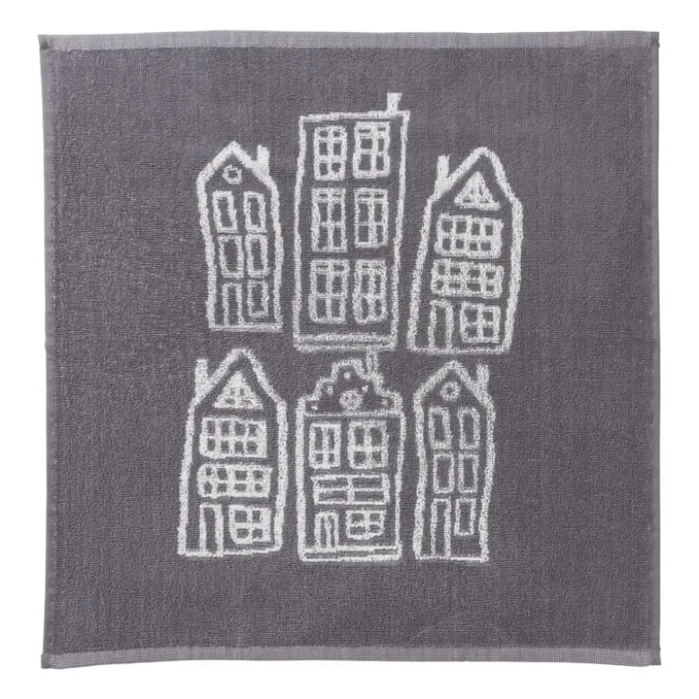 Handdoek antraciet huisjes - antraciet/wit - 50x50 cm