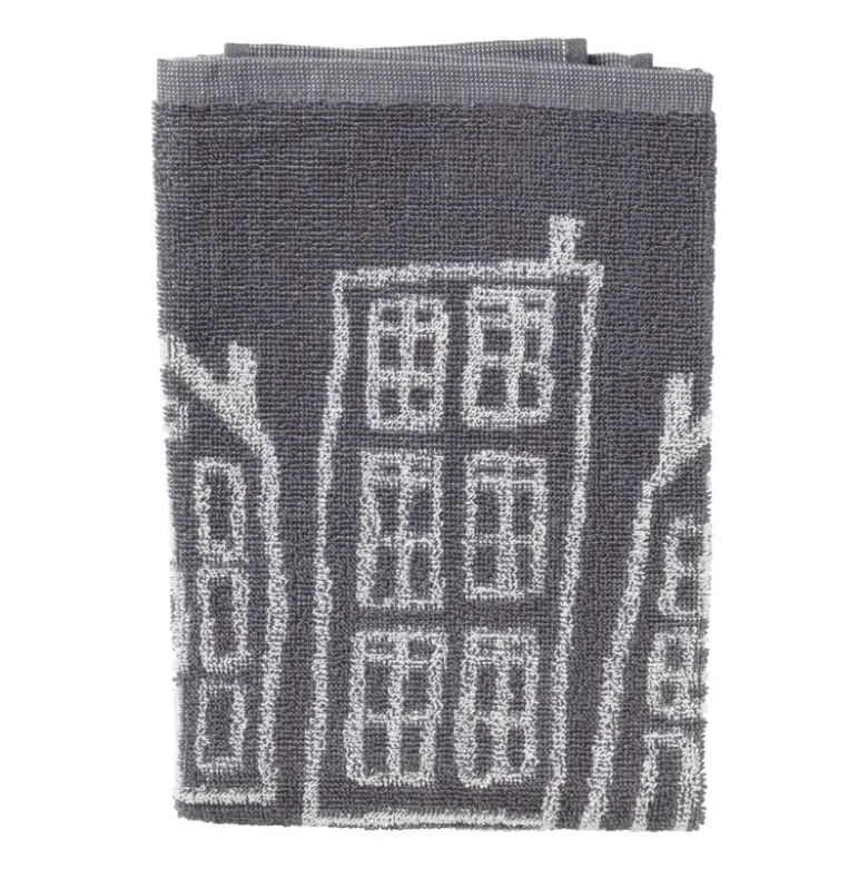 Handdoek antraciet huisjes - antraciet/wit - 50x50 cm