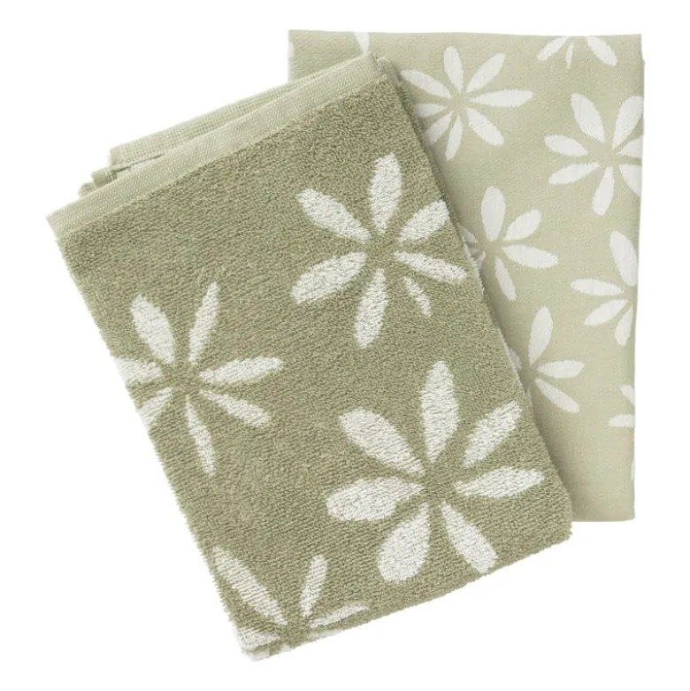 Handdoek bloemen - groen/wit - 50x50 cm