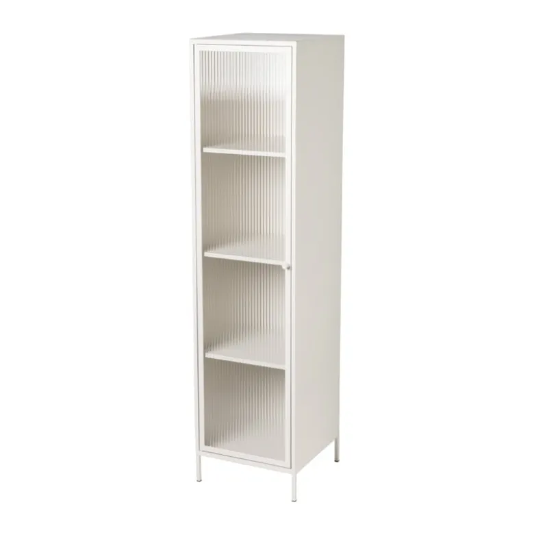 Hoge kast Luca met geribbeld glazen deurtje - offwhite - 160x42x40 cm