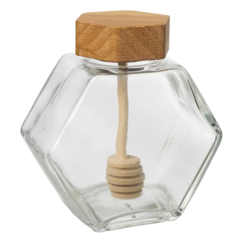 Honingpot met honinglepel - glas/bamboe - 9.6x9.9x5 cm