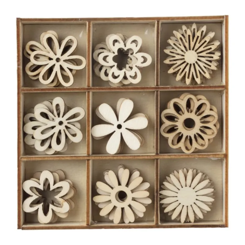 Houten bloemen in kistje - 10.5x10.5x2 cm