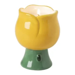 Kaars in bloemenschaaltje klein - geel/groen - ø7.3x10 cm