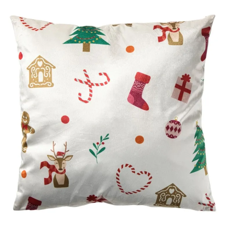 Kerstkussen skiën - beige/multikleur - 45x45 cm