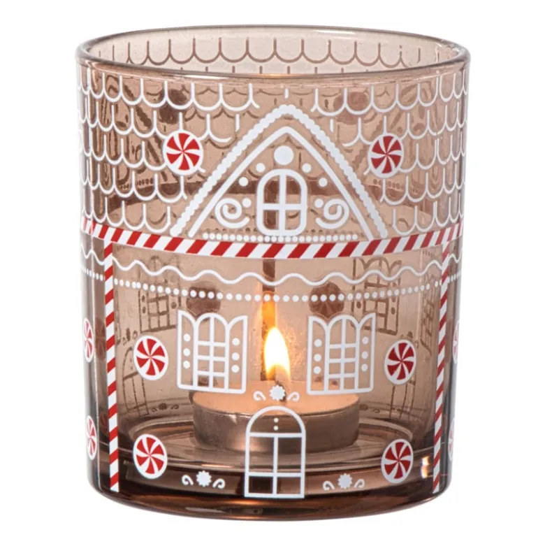 Kerst waxinelichthouder groot - bruin - ø9x10 cm