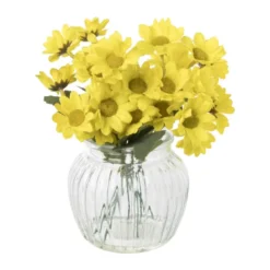 Kunstbloemen madeliefjes in glazen pot - geel - ø11.5x20 cm