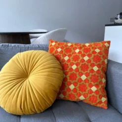 Kussen jacquard bloemen - oranje - 45x45 cm
