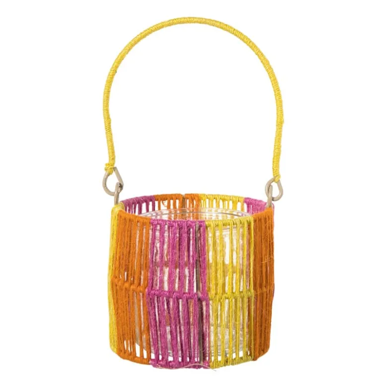 Lantaarn colourblock - roze/oranje/geel - ø12x11 cm