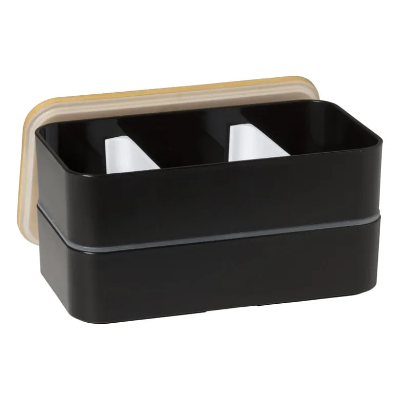 Lunchbox dubbel - zwart - 9.5x18.5x10.5 cm