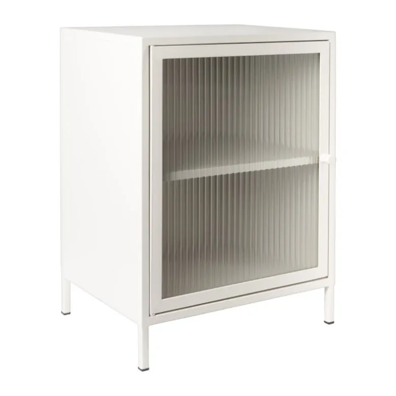 Nachtkastje Luca met geribbeld glazen deurtje - offwhite - 55.5x40x32 cm