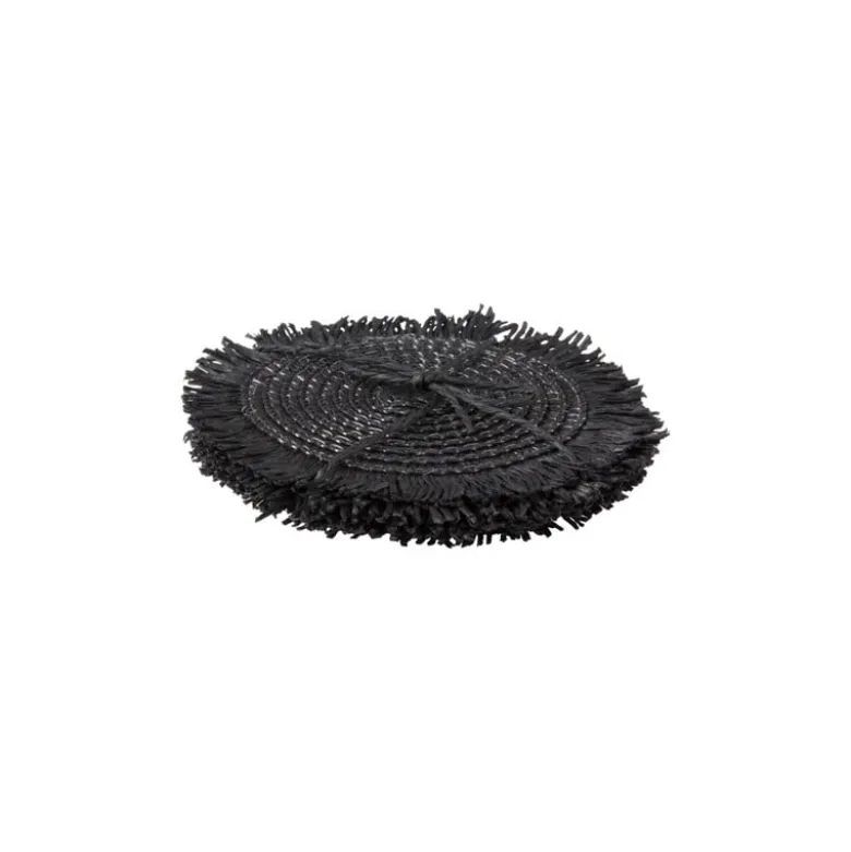 Onderzetters franje zwart - set van 4 - ø10 cm