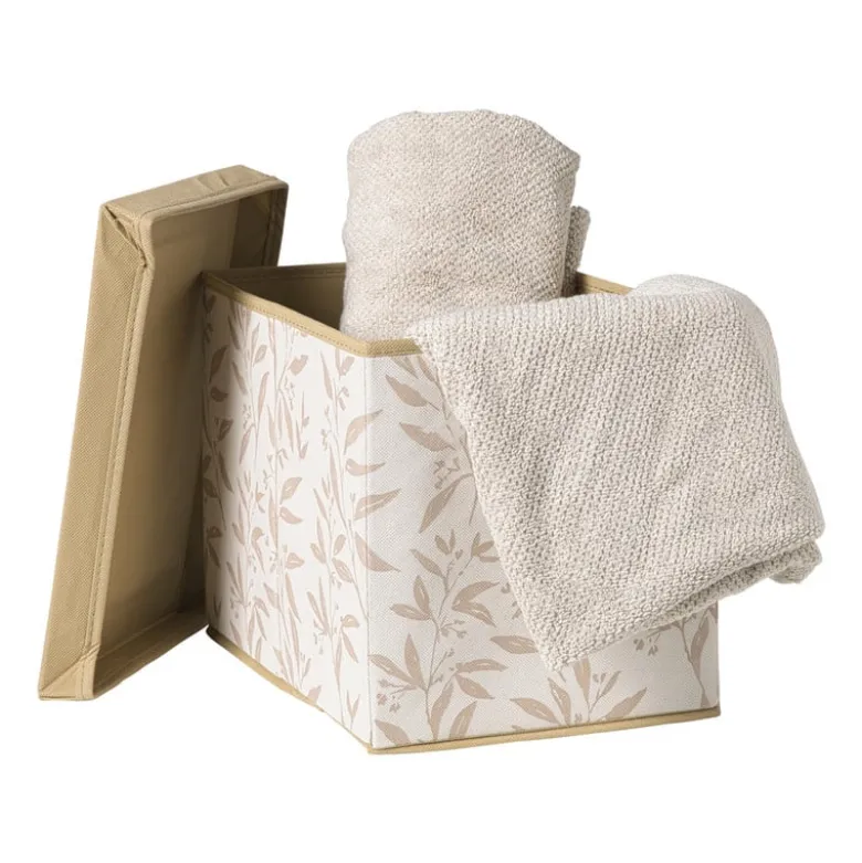 Opbergdoos met deksel leafs - bruin/beige - 30x24x22 cm