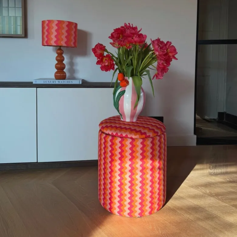 Opbergpoef retro - oranje/roze - ø35x40 cm
