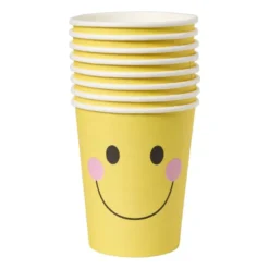 Papieren bekers smiley - geel - set van 8