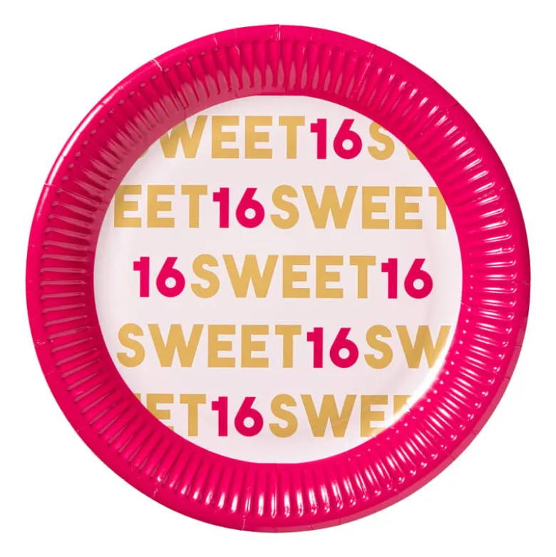 Papieren bordjes 16 jaar - roze - set van 8