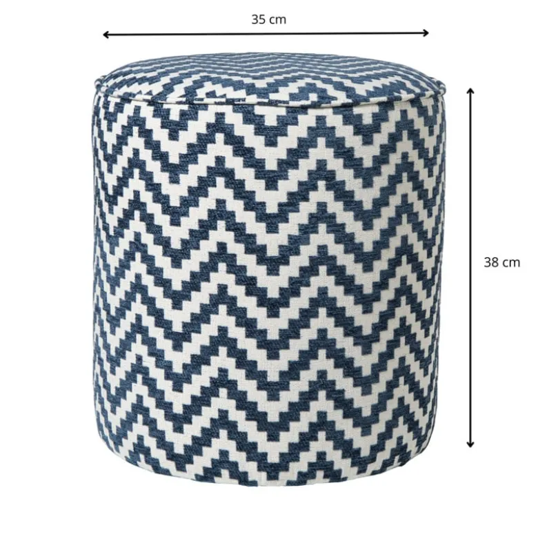 Poef zigzag - blauw/wit - ø35x38 cm