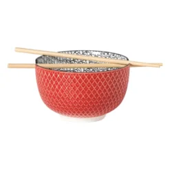 Schaaltje met eetstokjes Amira - rood/zwart - ø15x9 cm