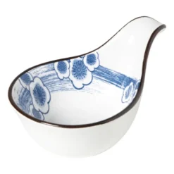 Schaaltje Mico met handvat bloemen - blauw/wit - 3x8x12.5 cm
