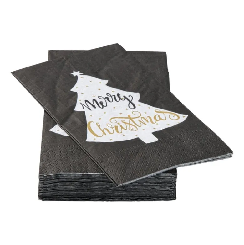 Servet merry christmas vouw - zwart - 33x33 cm