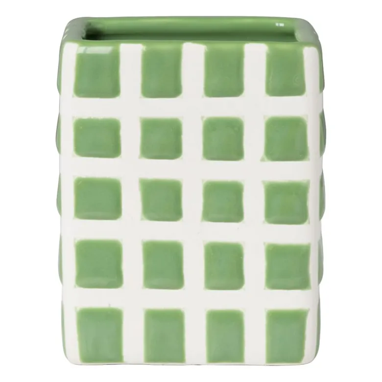 Tandenborstel beker blokjes - groen/wit - 8.8x7x7 cm