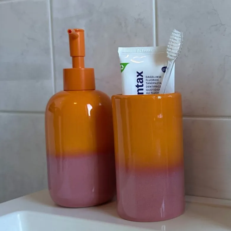 Tandenborstel beker duo - oranje/roze - ø6.5x11.5 cm
