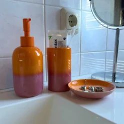 Tandenborstel beker duo - oranje/roze - ø6.5x11.5 cm
