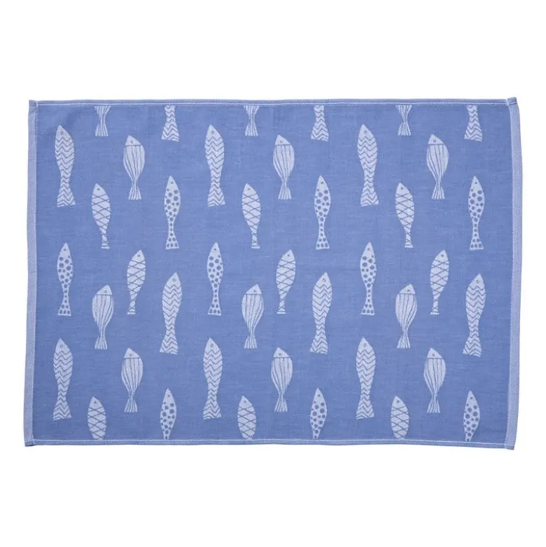 Theedoek vissen - blauw/wit - 50x70 cm
