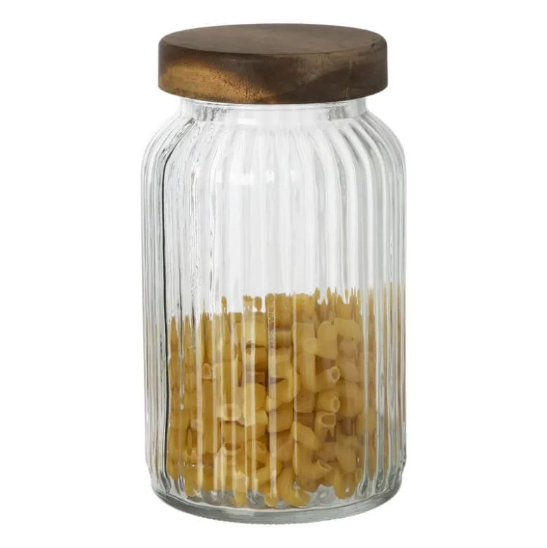 Voorraadpot ribbel met acacia deksel - ø11x20 cm
