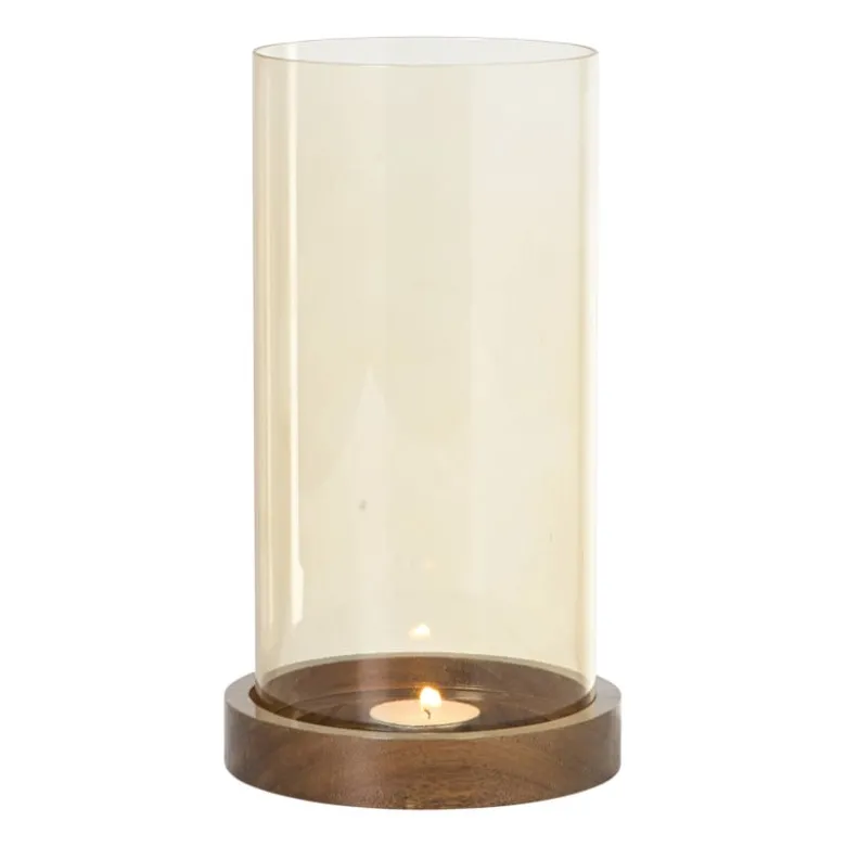 Windlicht glas en hout groot - beige/bruin - ø12x25 cm