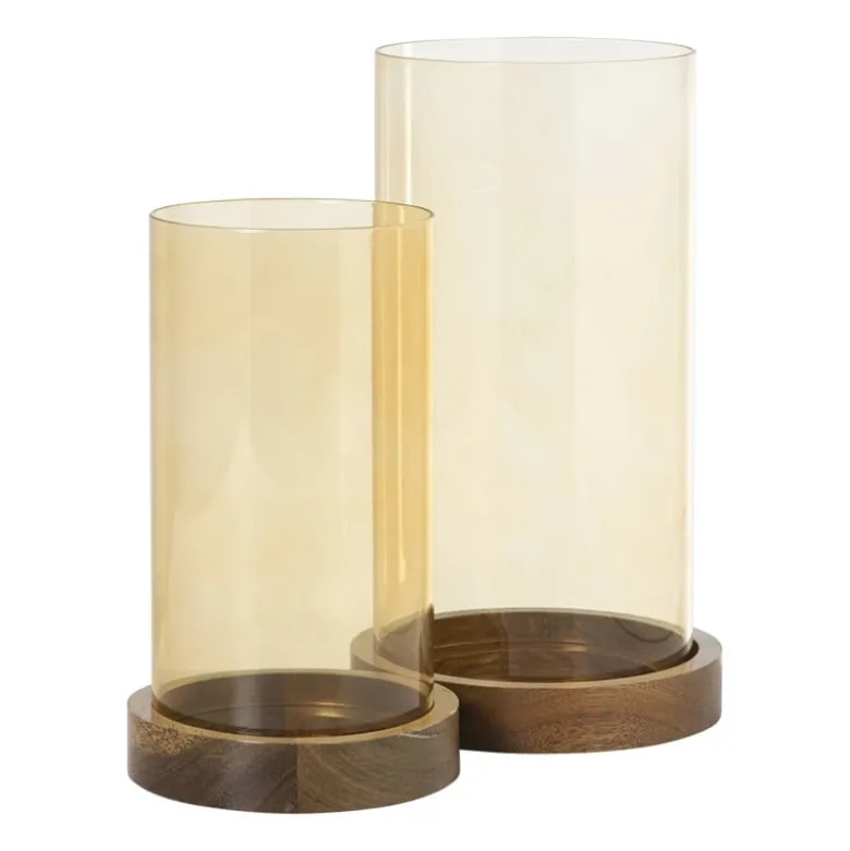 Windlicht glas en hout groot - beige/bruin - ø12x25 cm