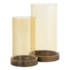 Windlicht glas en hout klein - beige/bruin - ø10x20 cm